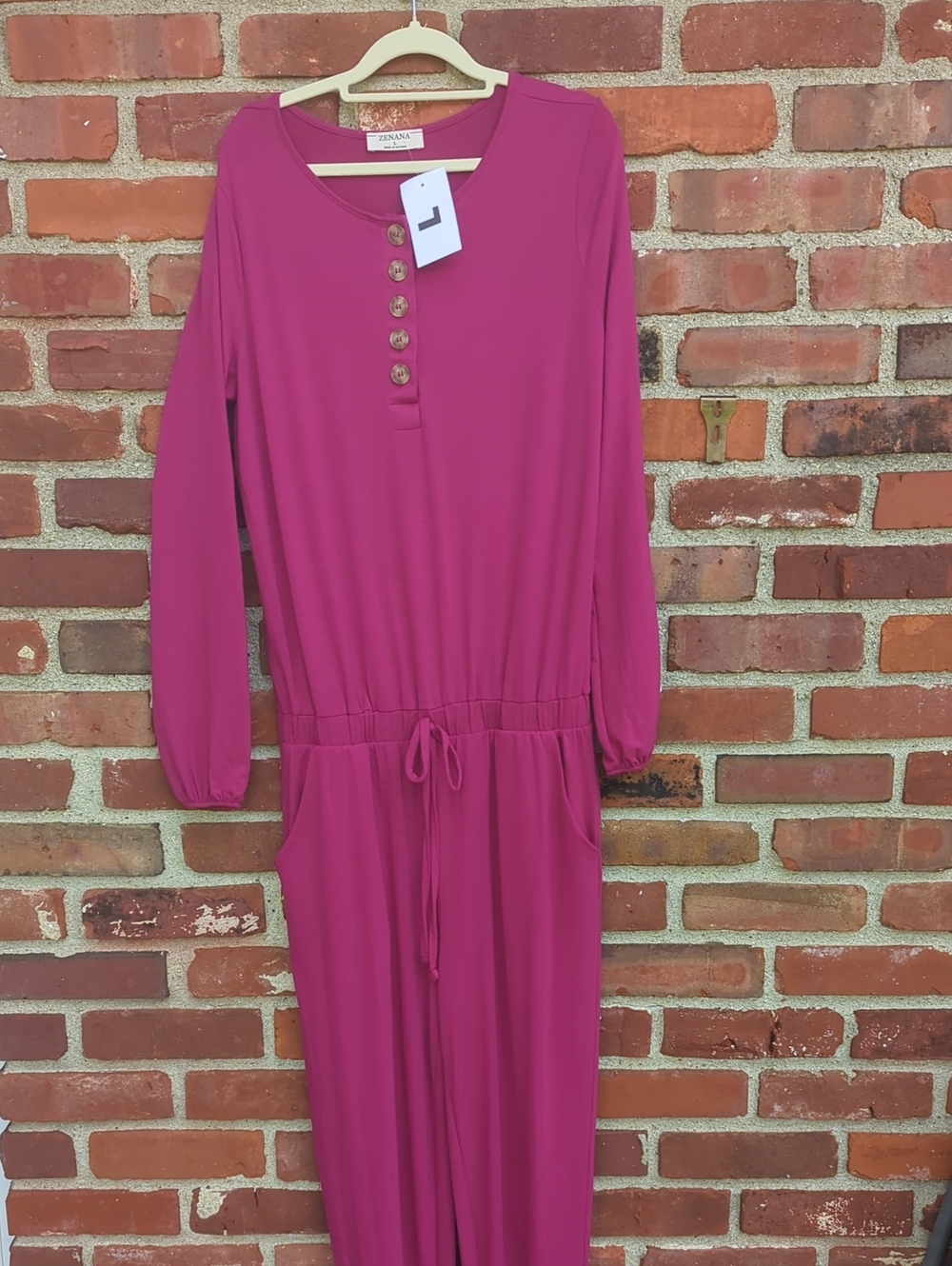 Zenana Outfitters Fuchsia Long-Sleeve Henley Jumpsuit